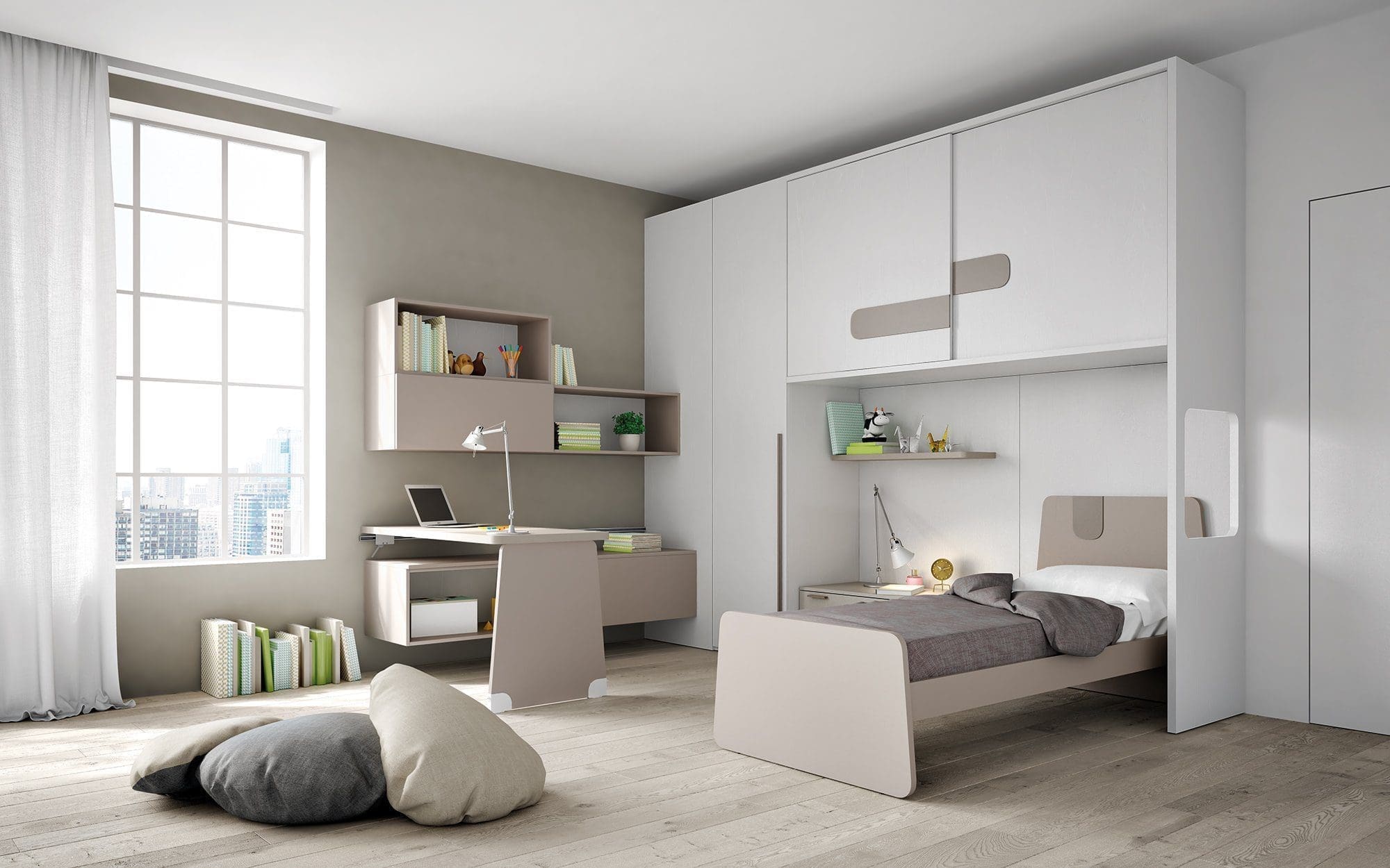 Cameretta Mistral linea Evo composizione 11, composizione è in evo natural con le maniglie. Su richiesta la composizione è disponibile in evo premium.