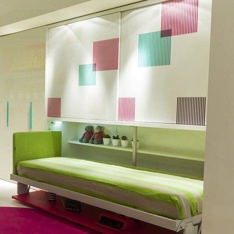 Cameretta Clei modello Kali 2200, elemento letto singolo orizzontale a scomparsa apertura abbattibile, ante armadio scorrevoli e scrittoio maxi basculante.