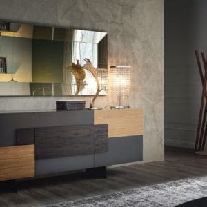 Madia Cattelan modello Torino, linee essenziali ed inserti in legno che conferiscono al mobile una forte personalità, struttura verniciata graphite opaco.