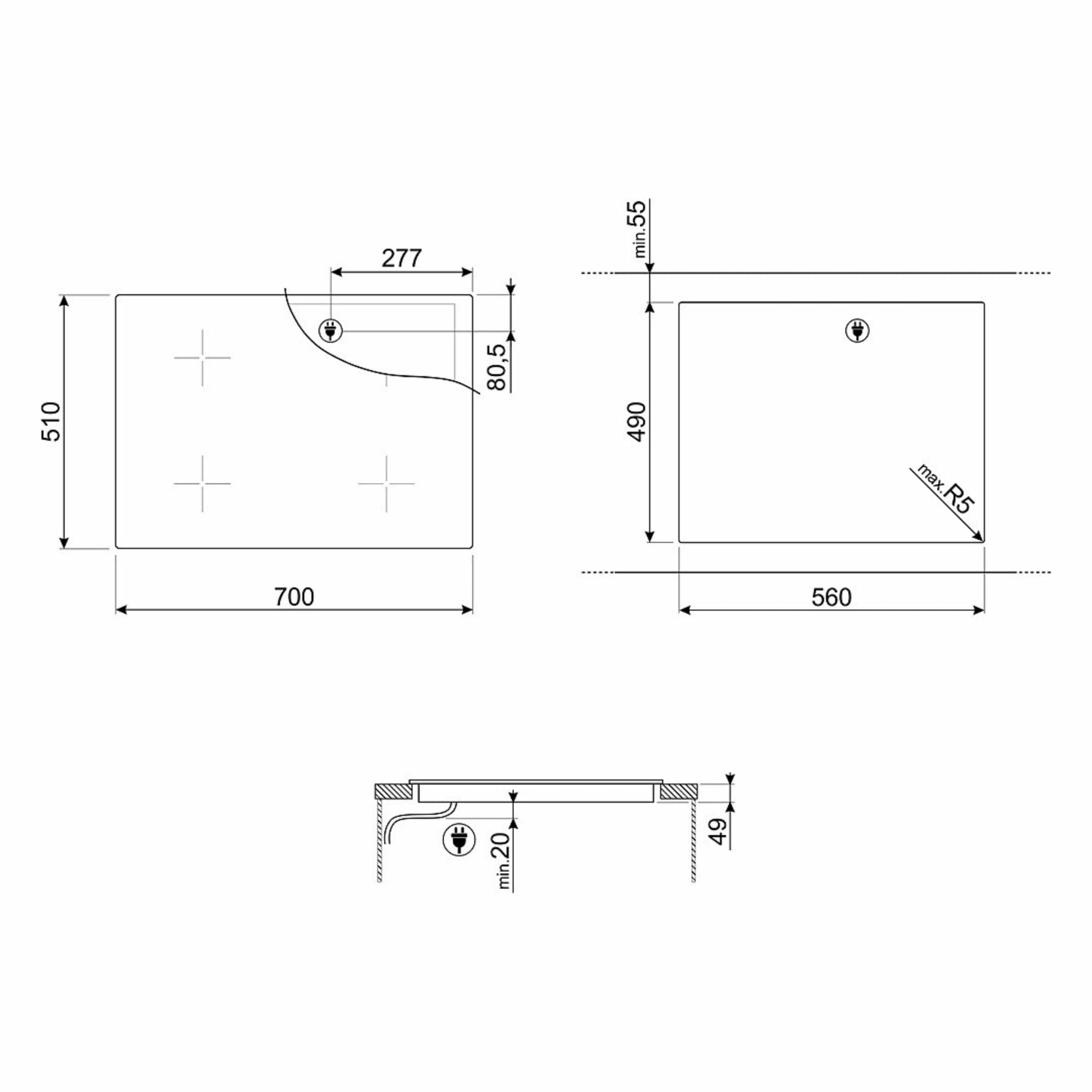 Piano cottura a induzione Smeg modello SI1M7743B – disegno tecnico Piano cottura a induzione Smeg modello SI1M7743B – disegno tecnico
